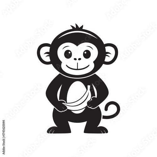 Monkey holding a banana silhouette vector illustration black color design and solid white background (3).eps