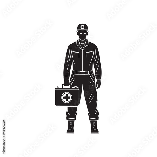 Paramedic with a first aid kit silhouette vector art black color design and solid white background (2).eps