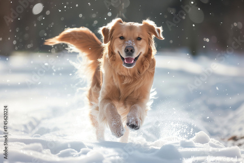 photo of a golden retriever running through snow