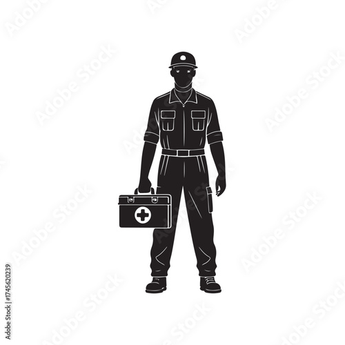 Paramedic with a first aid kit silhouette vector art black color design and solid white background (1).eps