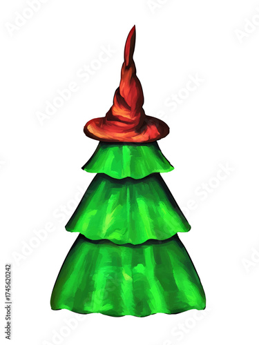 A handdrawn Christmas tree topped with a leather Hogwarts-style (witch) pointed hat symbolizing magic of winter holidays on the transparent background; a framed watercolor style vector illustration.