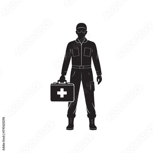 Paramedic with a first aid kit silhouette vector art black color design and solid white background (3).eps