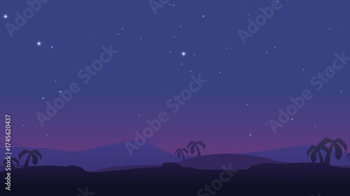 Animation with vertical parallax scrolling on a landscape of a nocturnal desert with arrival on the Christmas crib with Mary, Joseph and Jesus and the 3 wise men with the shining star of the shepherd 
