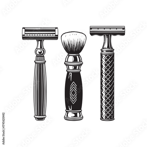 Razor blades, vintage shaving tools, black and white illustration (2).eps