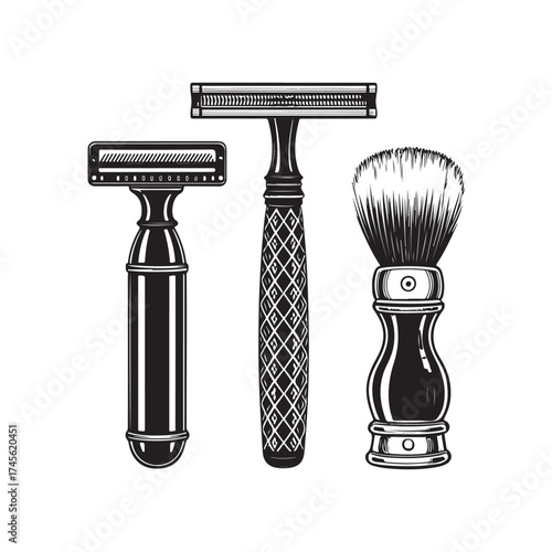 Razor blades, vintage shaving tools, black and white illustration (1).eps