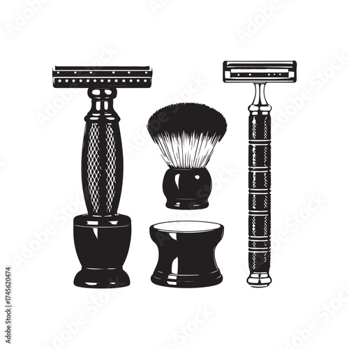 Razor blades, vintage shaving tools, black and white illustration (3).eps