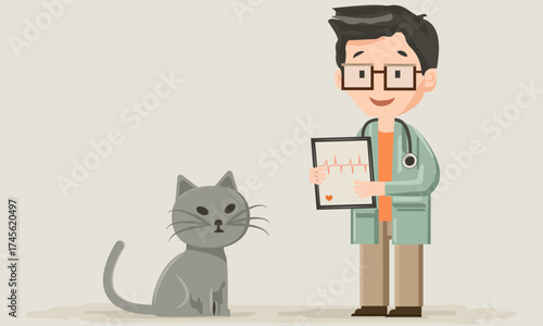 A veterinarian in glasses holds a tablet with a cardiogram and a sad gray cat.