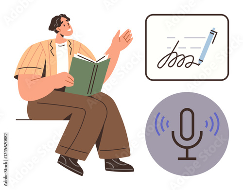 Man holding a book while gesturing, signature pad with pen and a microphone icon. Ideal for education, knowledge sharing, training, e-learning, content creation, communication, voice recording