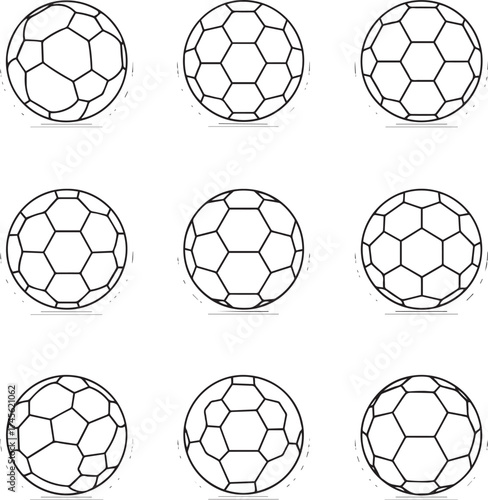 A collection of nine distinct geometric spheres, each featuring intricate polygonal patterns formed by interconnected lines. 