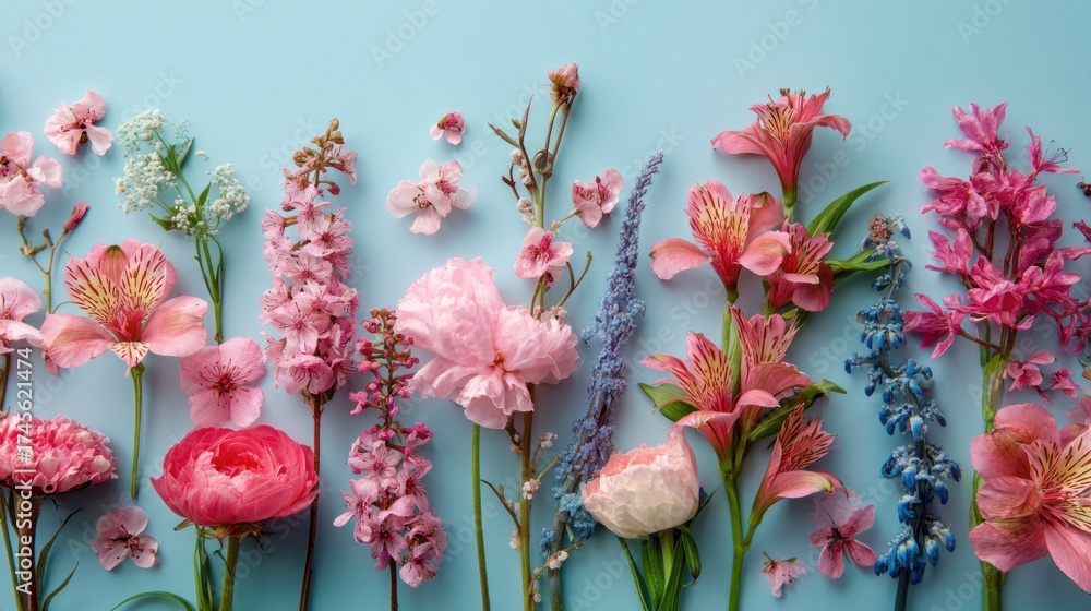 Fototapeta premium Floral arrangement of various blooming flowers against a light blue backdrop