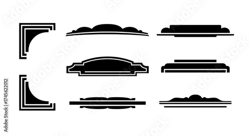 A set of classic black and white vector border elements. Includes corners and various dividers or headers, ideal for creating formal frames and signage.