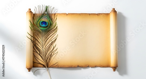 Unrolled Scroll with Peacock Feather on White Background