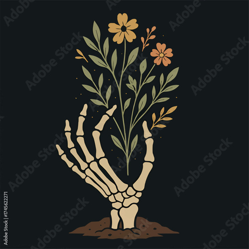 Skeleton Hand with Blooming Flowers Vector Illustration