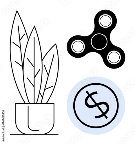 Potted plant with tall leaves, abstract fidget spinner, and blue circle enclosing dollar sign. Ideal for wellness, recreation, finance, balance, minimalism simplicity productivity. Simple flat