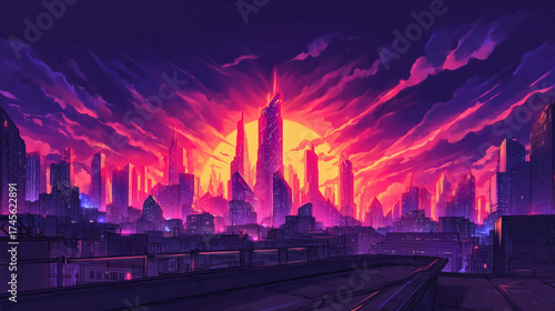 Vibrant Sci-Fi Cityscape with Purple–Magenta Clouds