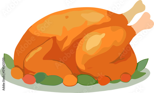 A flat-style illustration of a roasted Thanksgiving turkey on a platter with vegetables, symbolizing celebration, gratitude, and festive meals.