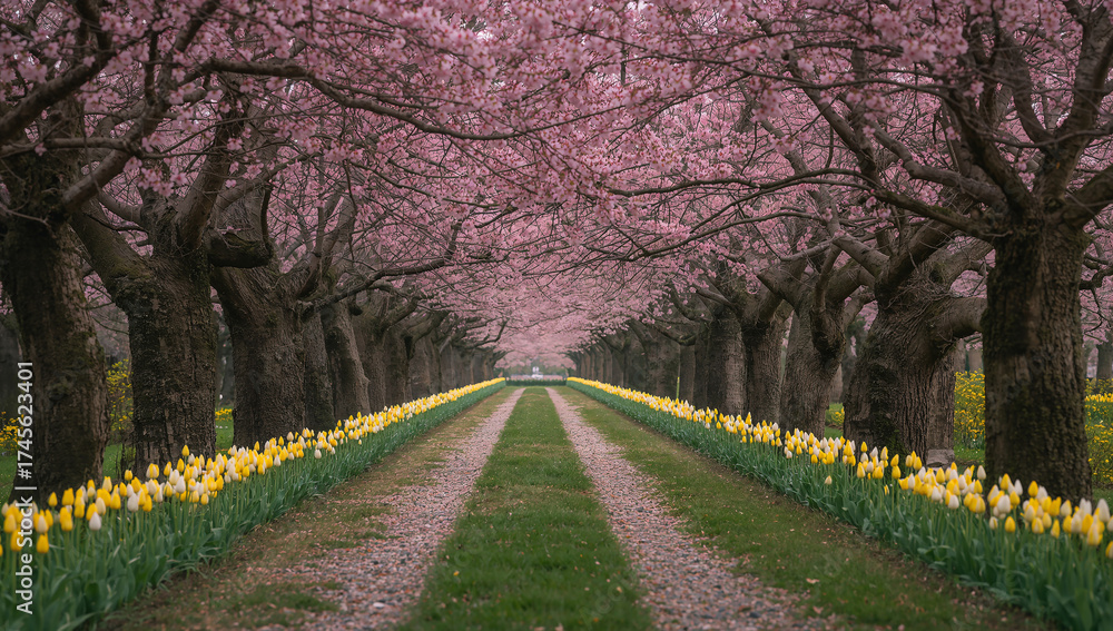 Naklejka premium Blooming Tulip Pathway Under Pink Cherry Blossoms Canopy