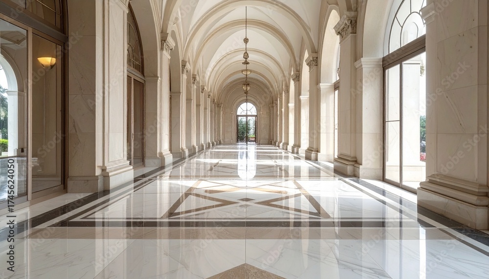 Fototapeta premium Elegant Hallway with Marble Floors and Arched Windows.