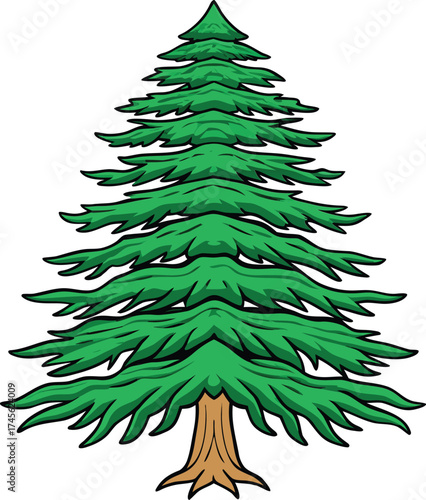 A stylized evergreen conifer tree with a brown trunk and lush green foliage
