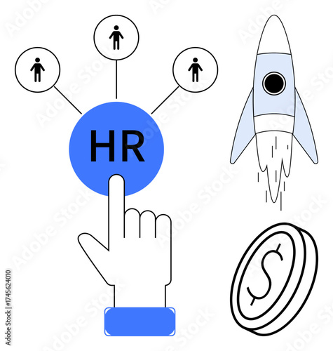 Hand selecting HR with connected people icons, rocket symbolizing growth, and coin for financial prosperity. Ideal for HR, recruitment, leadership, career growth, business success teamwork. Simple
