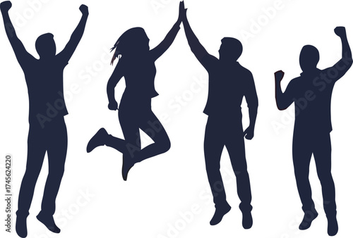 Silhouette of a group of people celebrating success, jumping and raising their hands in the air isolated on white background