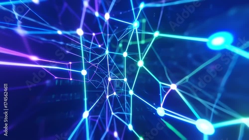 Abstract technology connection lines with nodes and vibrant neon glow backdrop