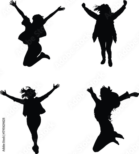 Four Silhouettes of Women Joyfully Jumping with Arms Raised