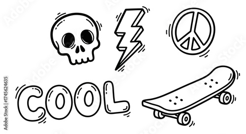 Edgy and playful monochrome doodle featuring skateboard, peace symbol, and skull imagery
