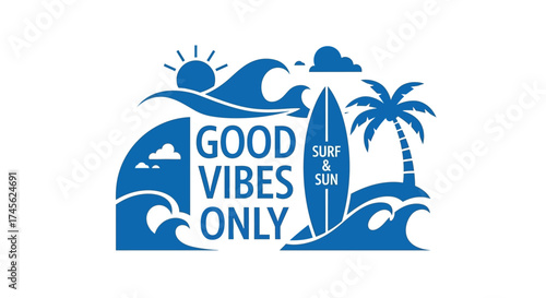 Summer Vibes: A Coastal Illustration with Surfboard Palm Tree and Positive Message