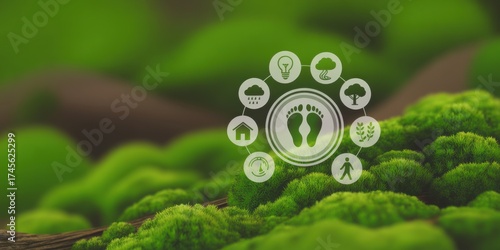 Eco-Footprint: An ethereal overlay featuring an eco-footprint icon superimposed onto a vibrant moss-covered surface, symbolizing nature's essence and environmental stewardship.