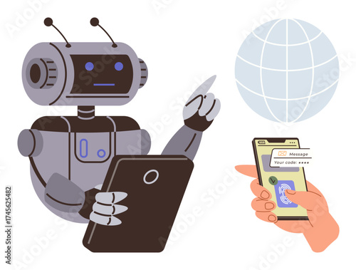 Robot holding tablet interacting with user completing two-factor authentication on smartphone. Ideal for technology, AI, security, innovation, automation, digital access, cybersecurity. Simple flat