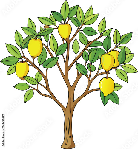 A stylized illustration of a fruit tree with vibrant yellow fruits and green leaves