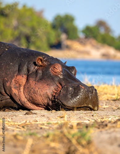 Hippopotamus resting by riverbank