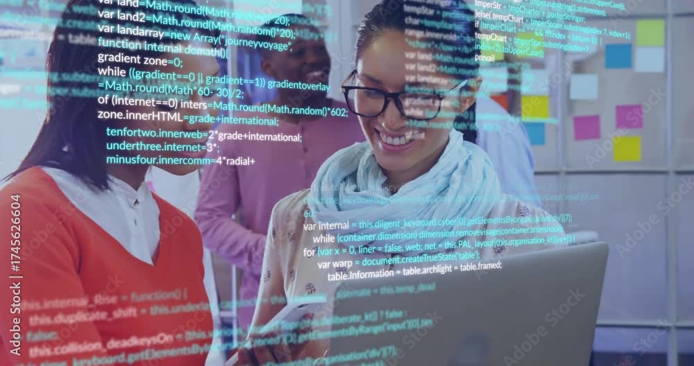 Two women debugging web app on laptop starting scrolling JS code ...