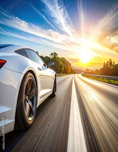 White sports car on a scenic road towards a sunset, capturing speed and motion