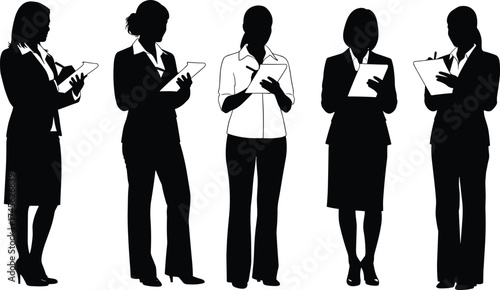 Women Silhouettes Writing on Clipboards – Professional Attire, Career Planning, Office Engagement, Thoughtful Expression, Workplace Focus, and Business Concept