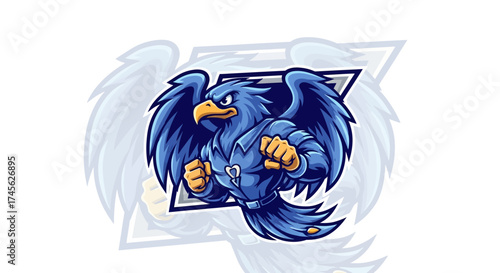 Dynamic blue eagle mascot ready for action with powerful wings spread and fists clenched in a determined stance, perfect for esports teams and sports branding.