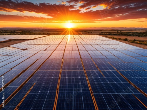 Solar panels at sunset. Sun rays over sustainable energy farm, renewable power
