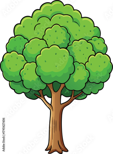 A vibrant cartoon illustration of a large leafy green tree with a sturdy brown trunk