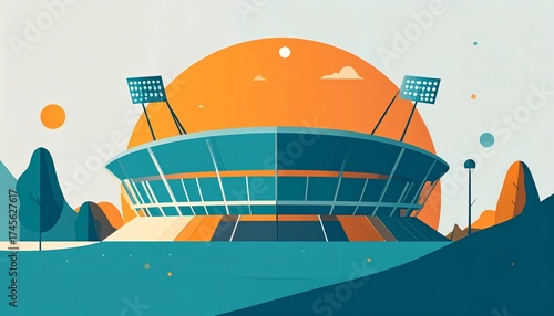 Vibrant illustration of a modern stadium with floodlights under a sunset, featuring abstract shapes and colorful landscapes for sports-themed projects and promotional materials.