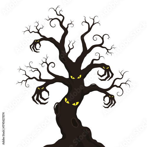 Spooky Halloween tree with glowing yellow eyes and claw-like branches on a white background.