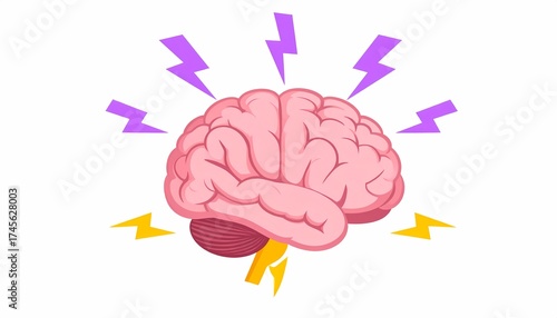 Illustration of a stressed overloaded or brainstorming human brain with lightning bolts symbolizing intense thought or mental fatigue