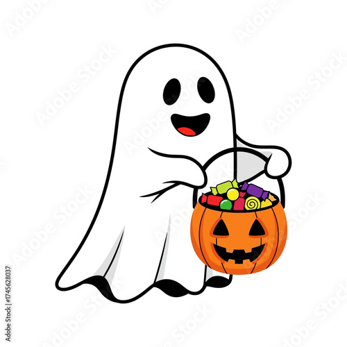 A cute cartoon ghost holding a pumpkin bucket filled with colorful candies, ready for trick-or-treating.