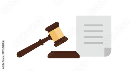 Gavel and legal document illustration on white background.