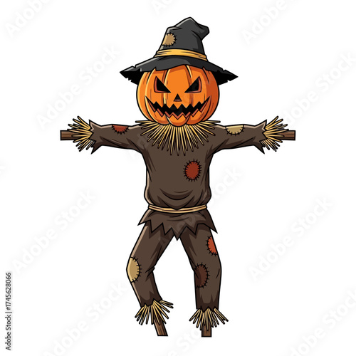 A cartoon illustration of a scarecrow with a pumpkin head, wearing a hat and tattered clothes.