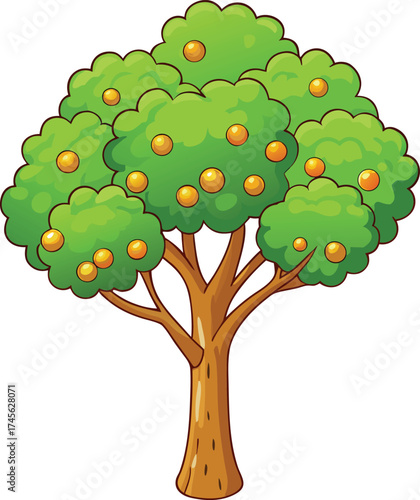 A vibrant cartoon illustration of a lush green tree laden with ripe orange fruits