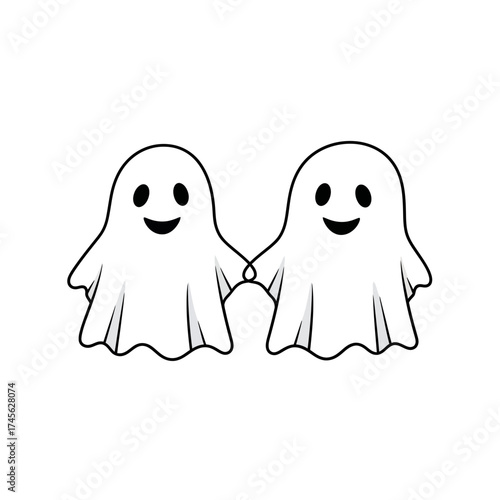 Two cartoon ghosts holding hands, simple black and white illustration.