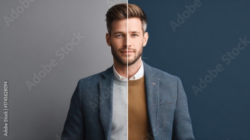 Handsome man portrait divided background stylish attire studio shot