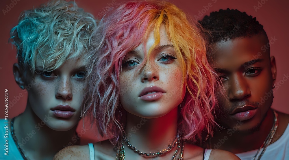 Fototapeta premium Diverse young models with vibrant dyed hair including turquoise and pink tones pose against red background in modern fashion portrait highlighting unique style and beauty.