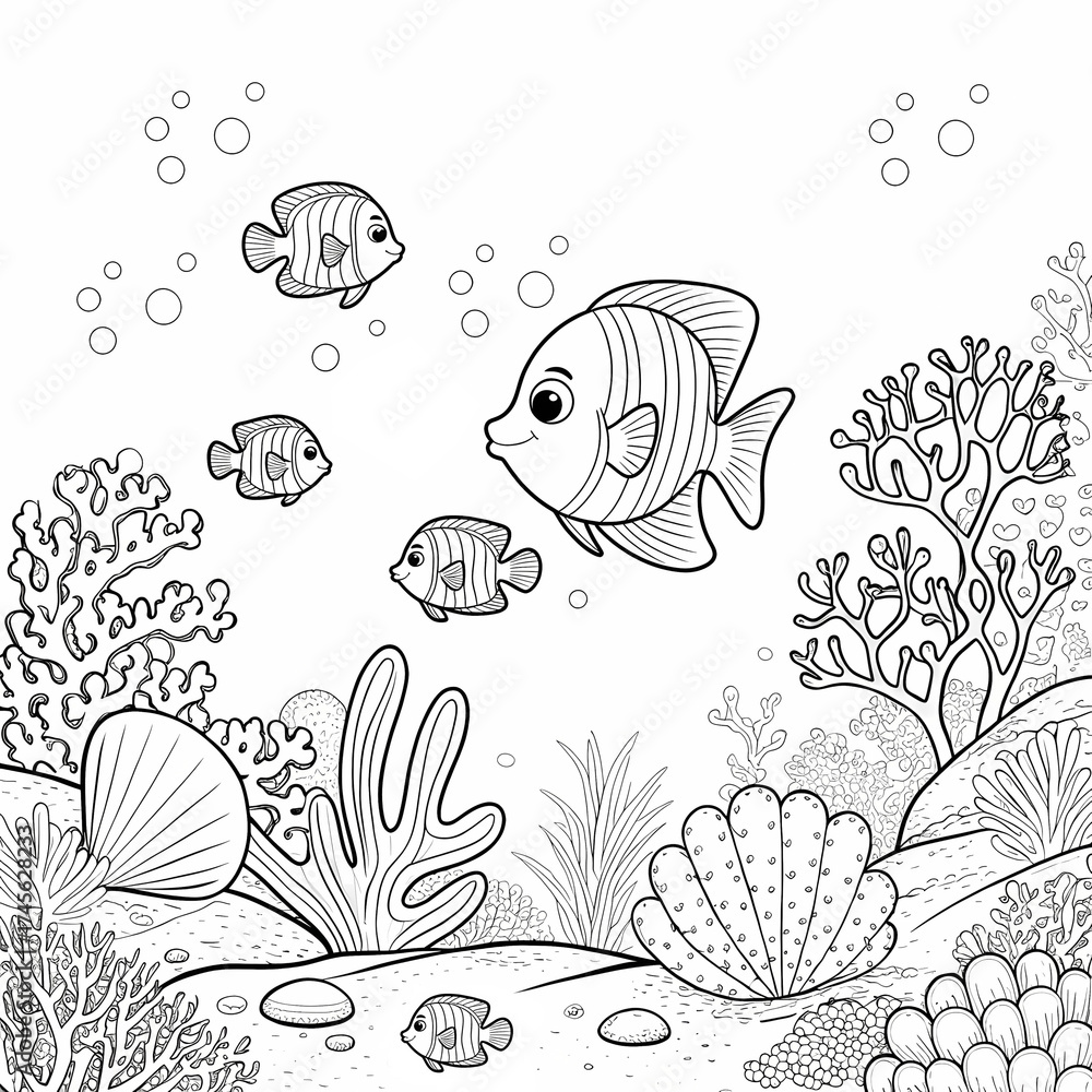 Fototapeta premium Underwater Fish Scene Coloring Page kids